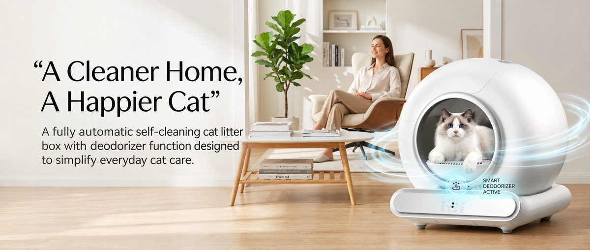 Modern automatic self-cleaning cat litter box with a fluffy cat inside, shown in a bright contemporary living room with a seated woman and smart deodorizer feature