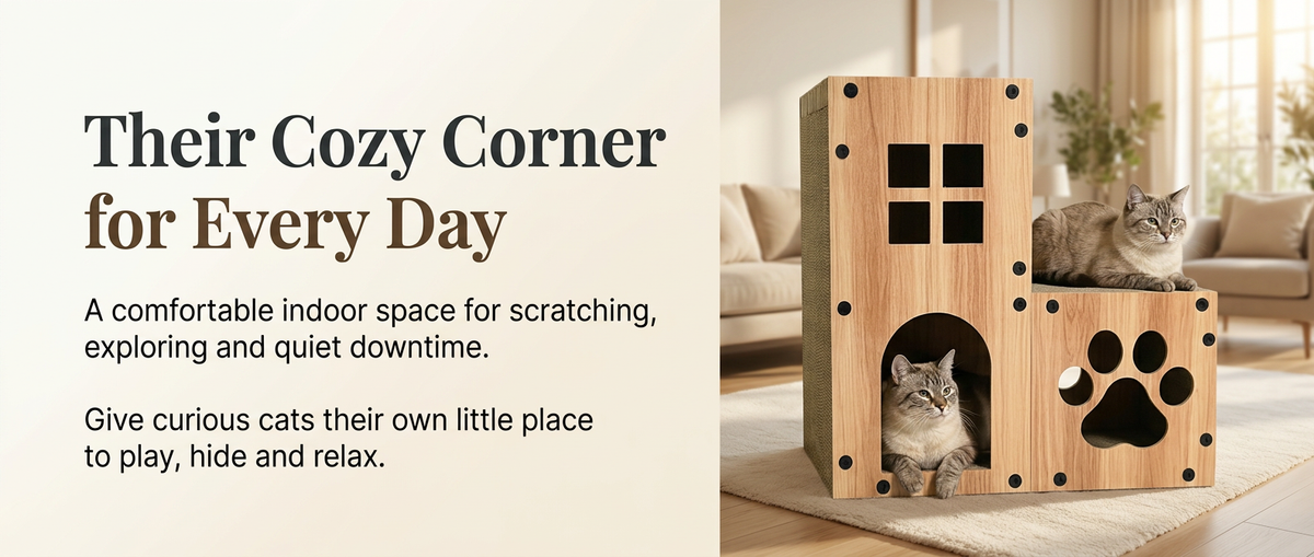 Cats resting and relaxing in a two-level cardboard cat house in a warm modern living room