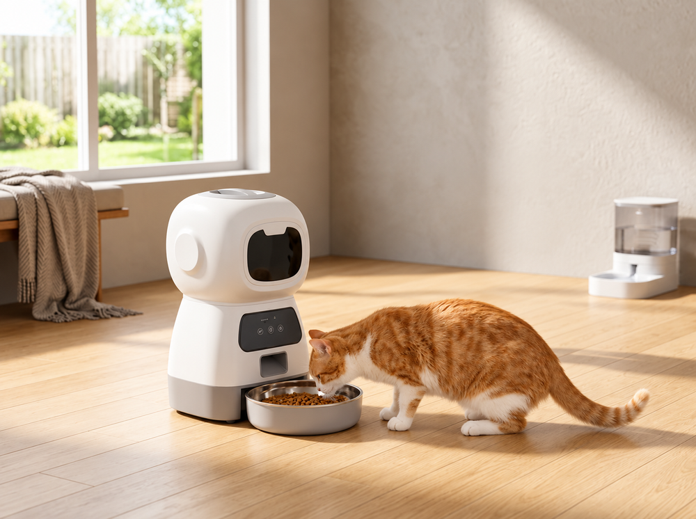 Orange and white cat eating dry food from a smart automatic pet feeder in a bright modern home.