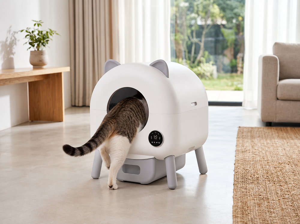 Tabby cat entering a smart automatic self-cleaning litter box in a modern living room.