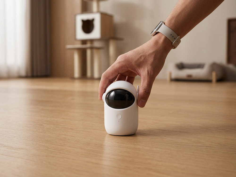 Automatic cat laser toy placed on floor for indoor play.