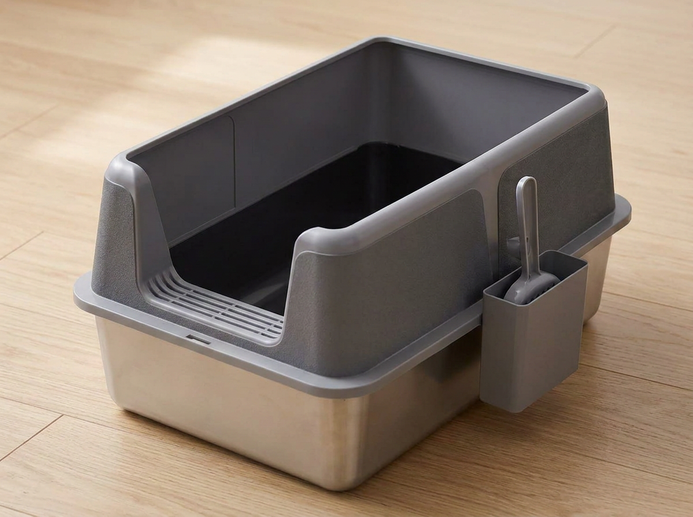 Gray cat litter scoop stored in side holder of stainless steel litter box