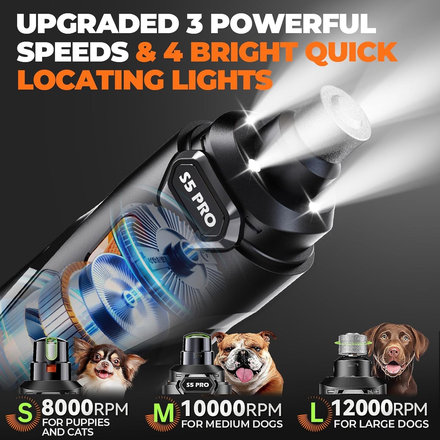 Dog nail grinder with 3 speed settings for small medium and large dogs