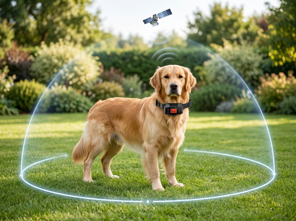 Dog wearing a safety collar during outdoor activities