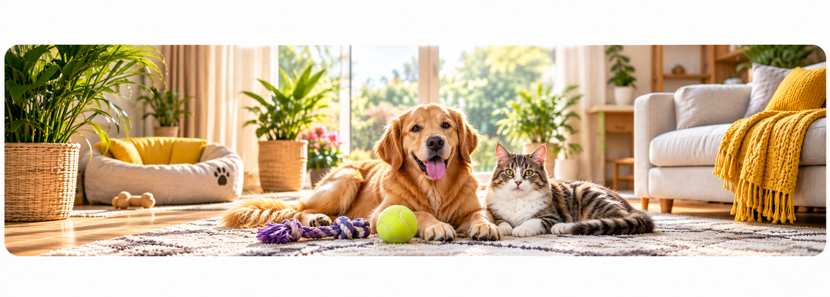 A golden retriever and a tabby cat lying on a patterned area rug in a bright, modern living room. The dog has its tongue out and is positioned next to a green tennis ball, while the cat sits beside it.