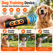 Handheld ultrasonic dog training device used outdoors with a Golden Retriever for everyday training routines.