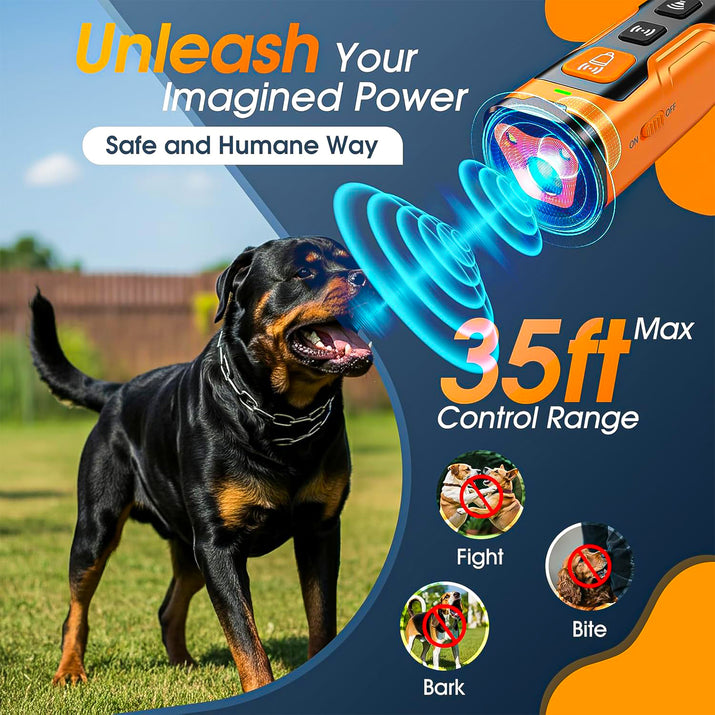 Humane ultrasonic dog bark deterrent device without shock