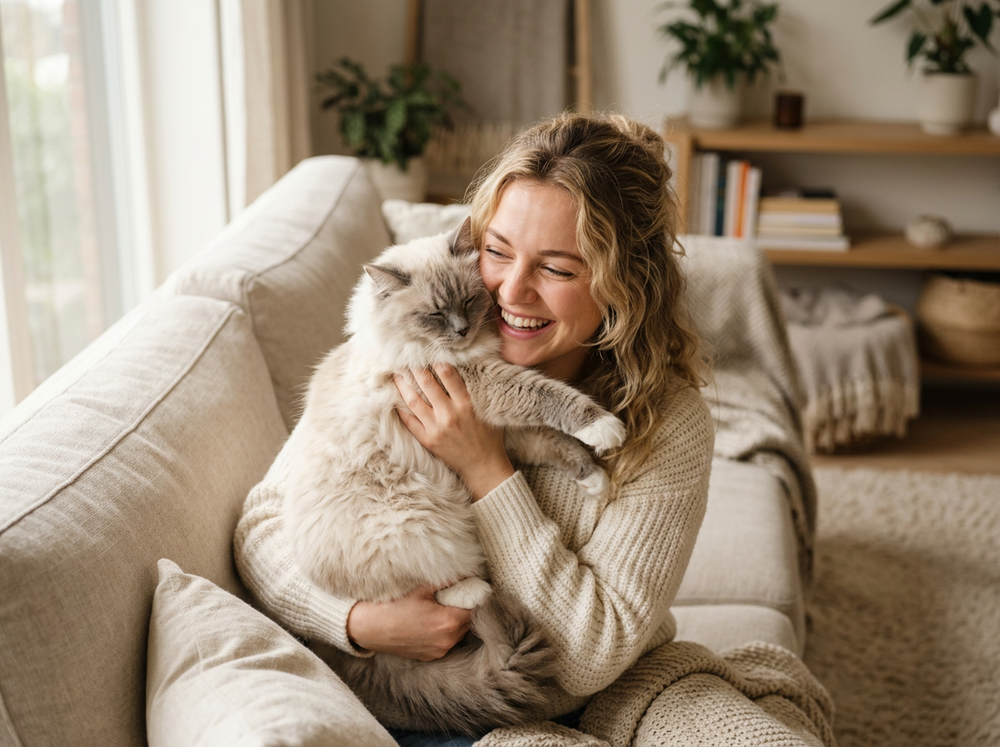 Pet parent spending time with a cat