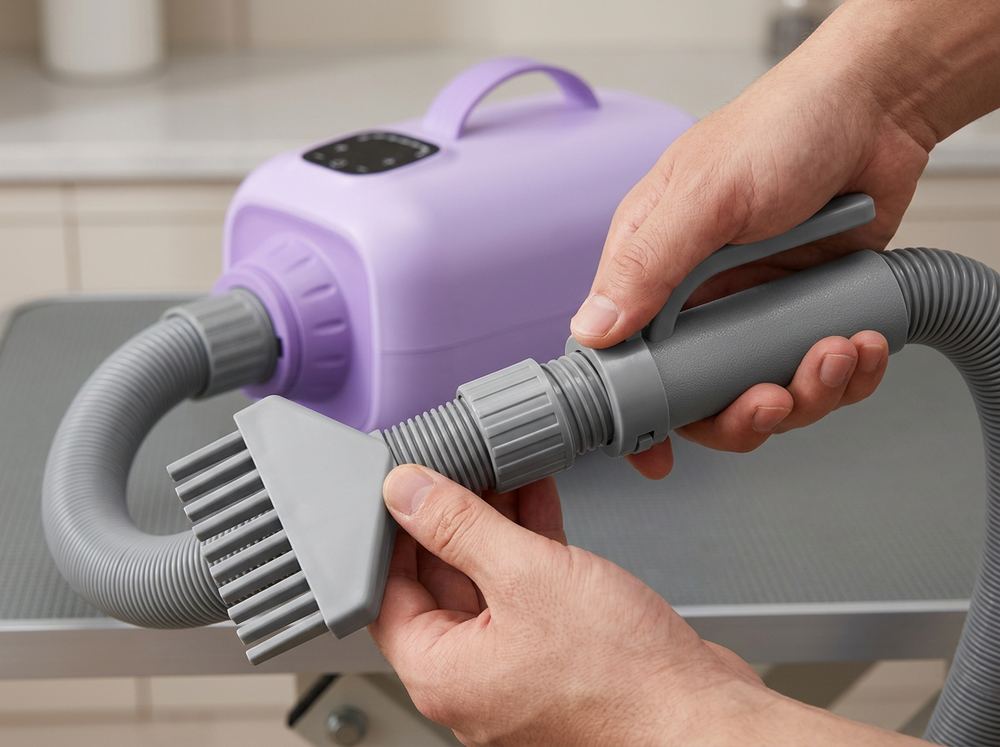 Hands connecting the grey grooming nozzle and flexible hose of a lavender pet hair dryer