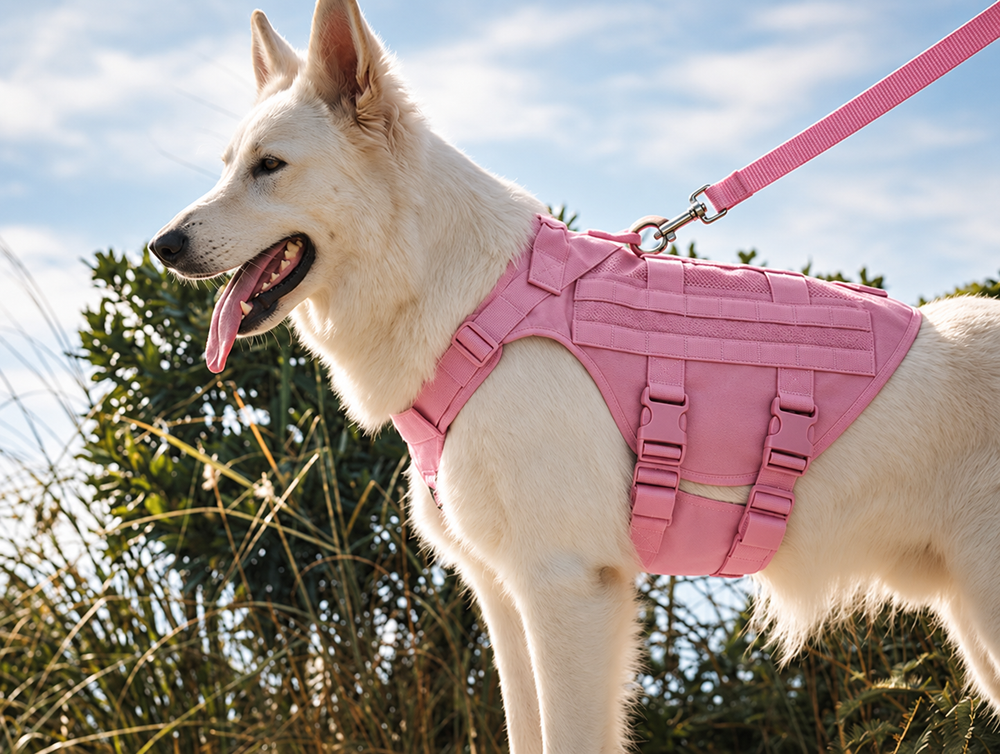 White dog wearing a pink support harness with an attached leash outdoors.