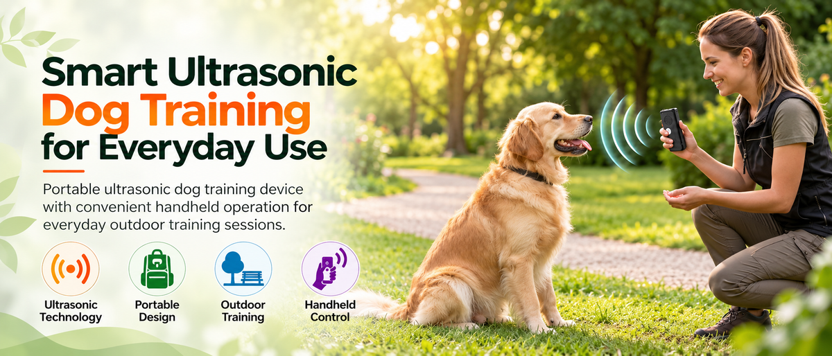 Woman walking a happy golden dog in a park while holding a portable ultrasonic dog training device, highlighting outdoor training, handheld control, and everyday use.