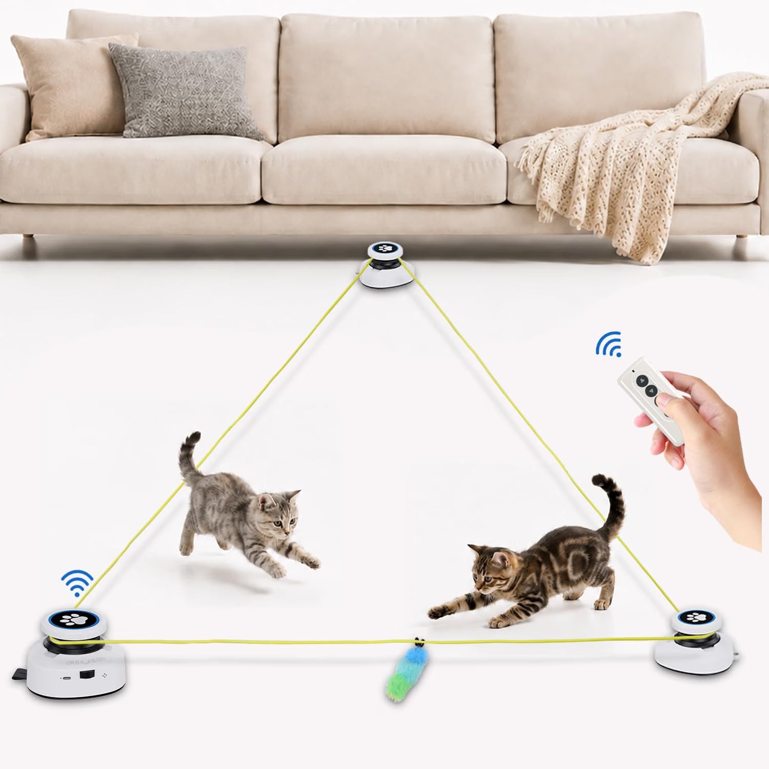 Automatic interactive cat toy with remote control and moving feather lure for indoor cats