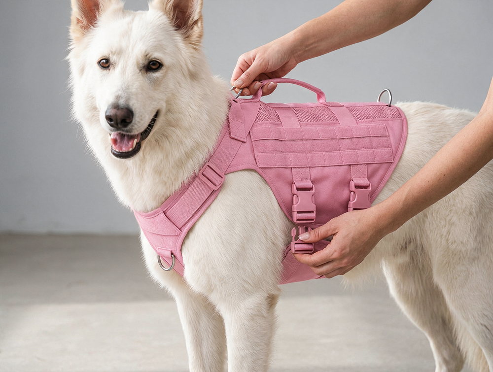 Placing the no-pull molle vest harness on a small dog
