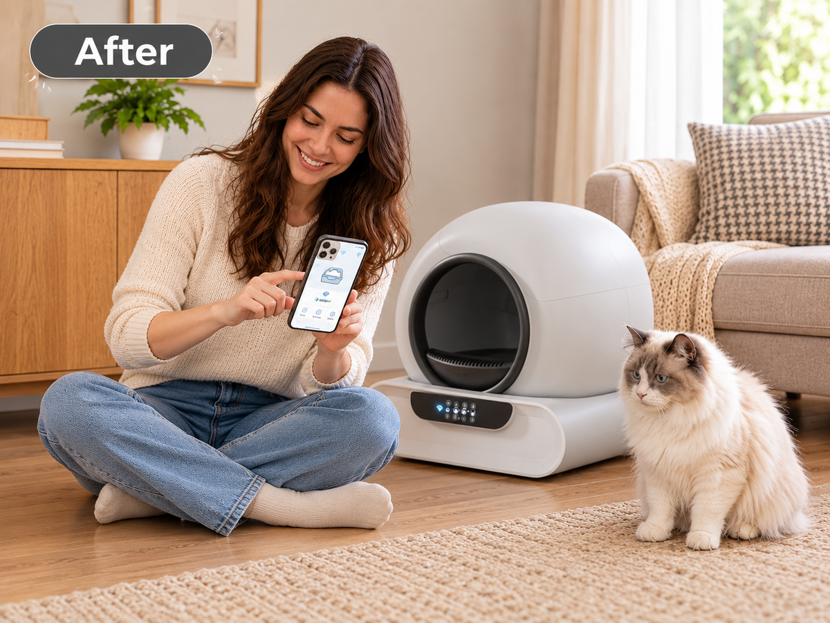 Woman happily using a smartphone app to control a smart automatic cat litter box while her fluffy cat sits beside it in a cozy modern living room.
