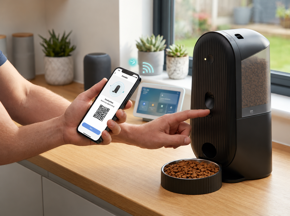 Smart automatic pet feeder with app control dispensing dry food into a bowl on a kitchen counter