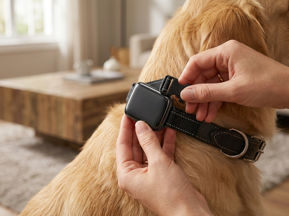 Smart dog positioning accessory attached to a collar