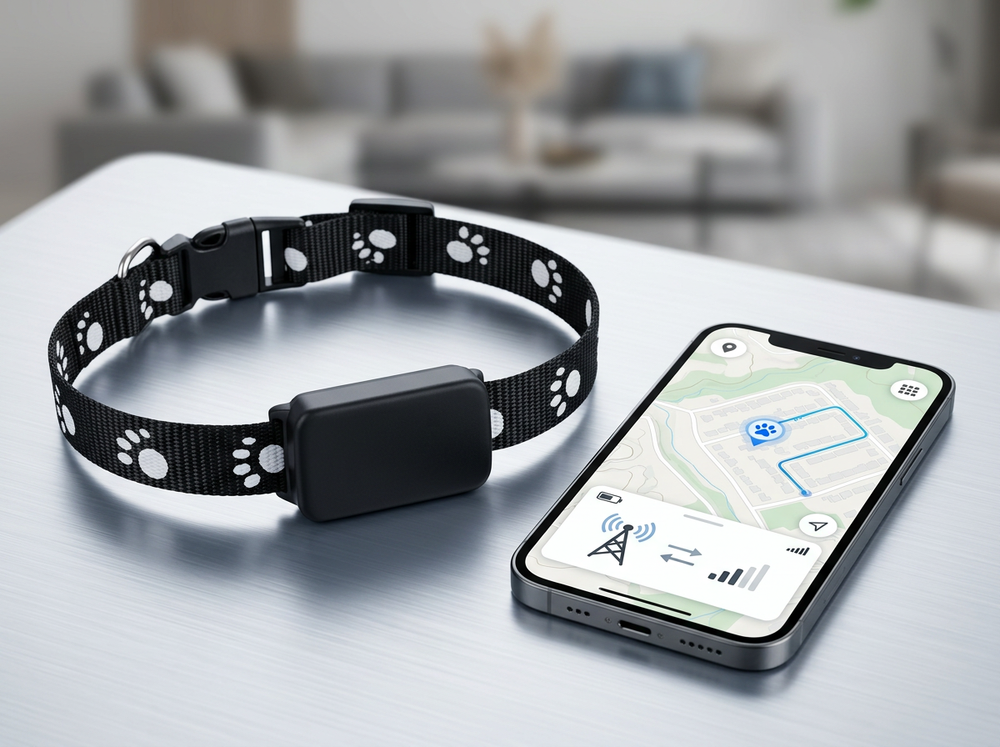 Smart dog safety device fitted comfortably to a collar