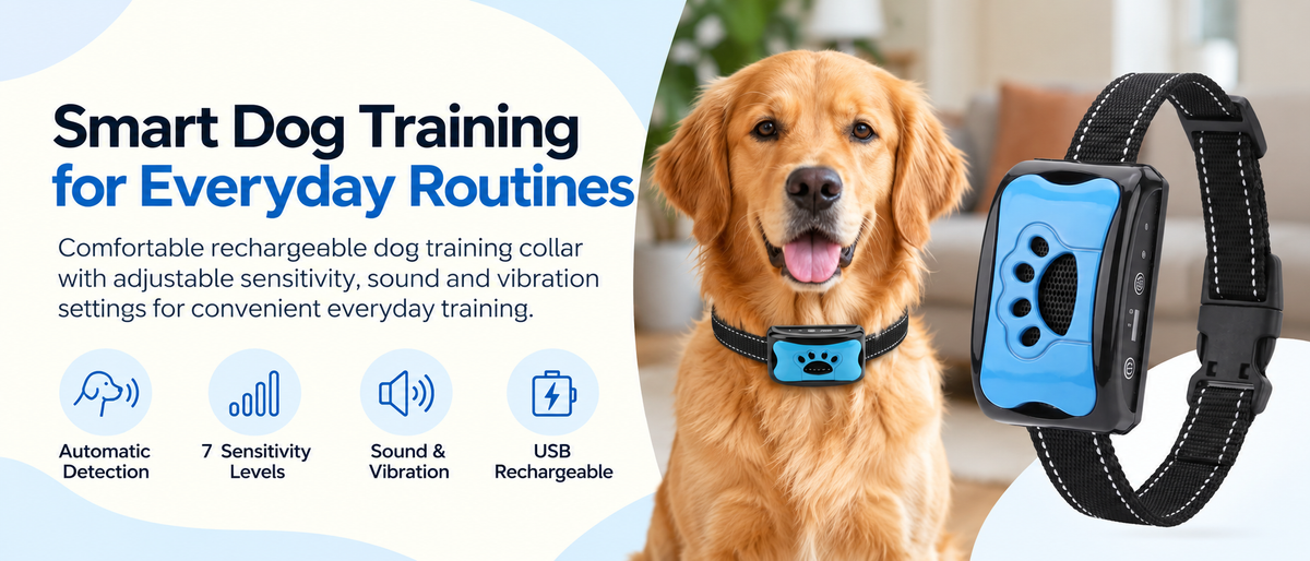 Smart dog training collar with adjustable sensitivity, sound and vibration settings, automatic detection and USB rechargeable design.