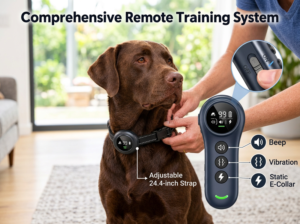 Golden Retriever wearing a smart dog training collar outdoors, featuring automatic training mode, 5 adjustable sensitivity levels, and a handheld remote controller.