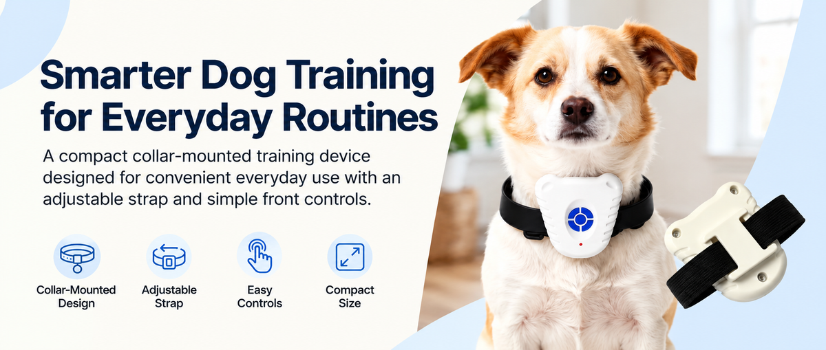 Smart dog training collar with adjustable strap, compact design and easy controls for everyday training routines.