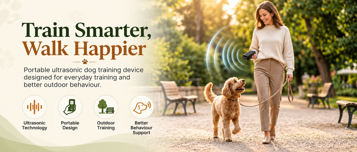 Happy golden dog enjoying an outdoor walk with its owner using a handheld ultrasonic dog training device, featuring portable design and everyday training support.