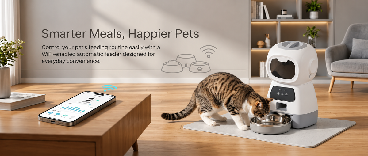 Cat eating from a smart WiFi automatic pet feeder with stainless steel bowl in a modern home.