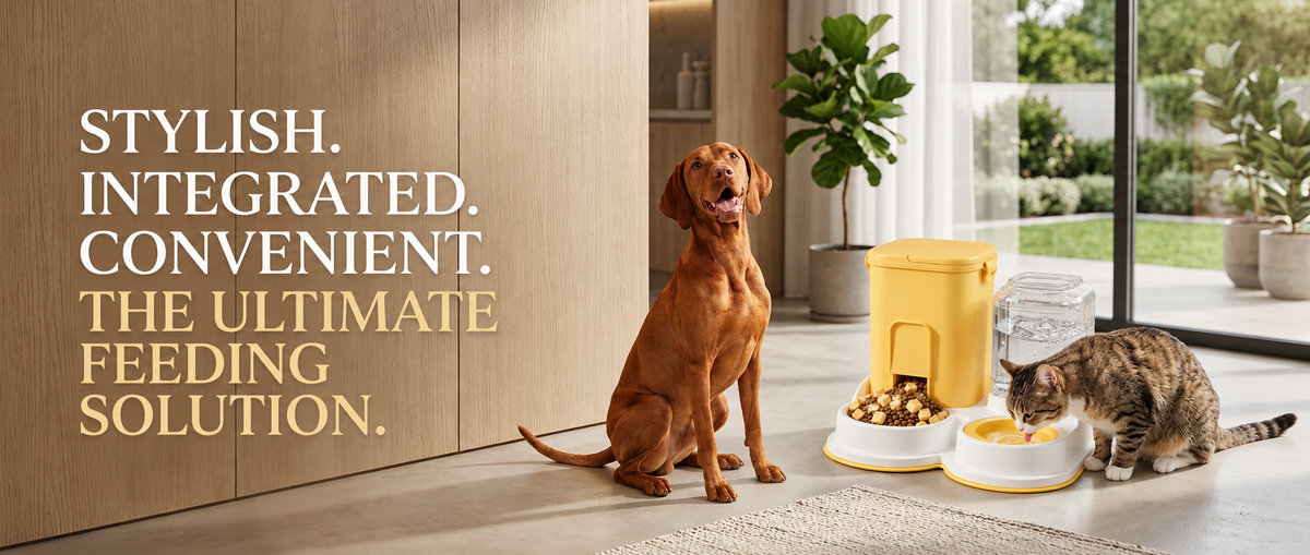 Dog and cat beside a stylish automatic pet food and water feeder in a modern home.