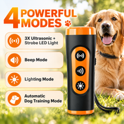 Black and orange ultrasonic dog training device featuring four operating modes with a Golden Retriever outdoors.
