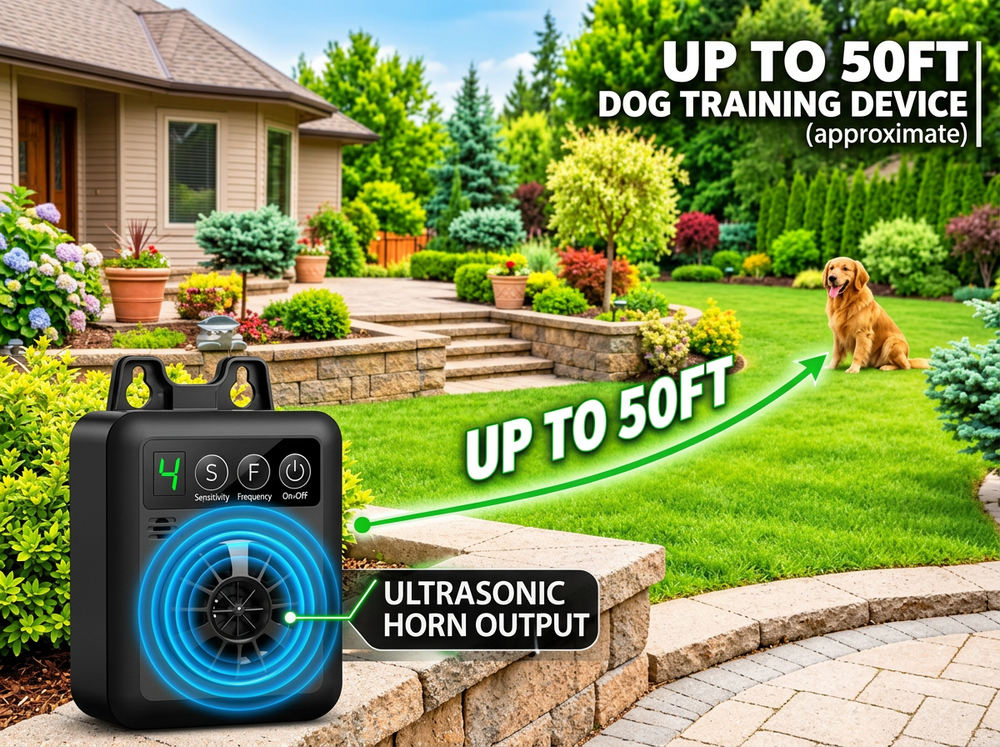 Black ultrasonic dog training device with up to 50 ft range and adjustable settings, shown in a garden with a golden retriever and ultrasonic sound waves.